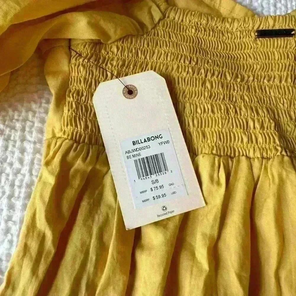BILLABONG womens S Mini DRESS Yellow BE MINE Short PUFF Sleeve BABYDOLL Cotton - Picture 7 of 14